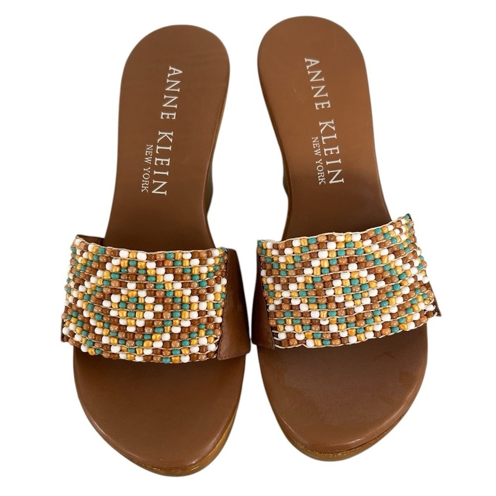 Anne Klein Beaded Plateform Wood Wedge Sandals‎ Sz 10
